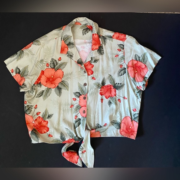 Retro 1950s HAVANA JACKS CAFE Hibiscus CROPPED Camp HAWAIIAN SHIRT with/ Tie - Picture 1 of 10